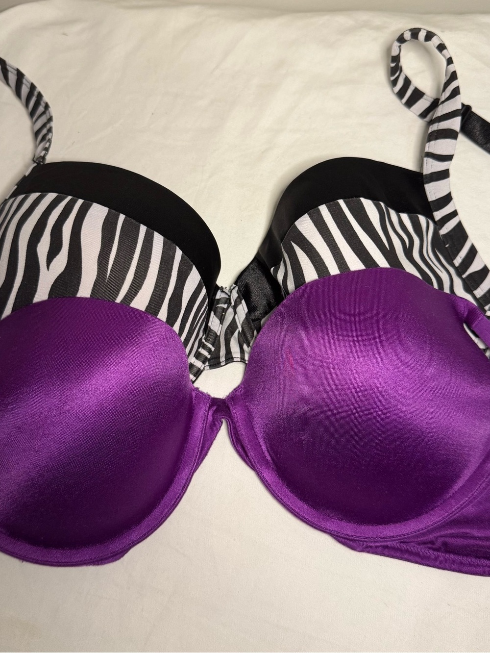 Purple Victoria Secret Push Up Bra 34C And A No Brand Zebra Print Bra 34C